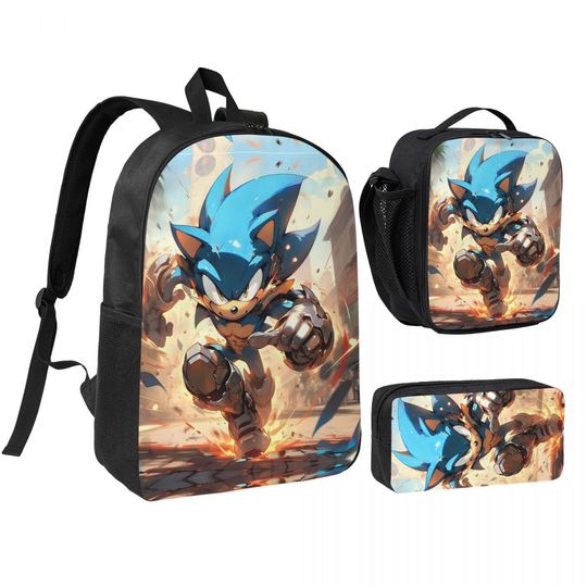 Sonic Video Game Backpack Set for Students – Includes Laptop Backpack, Lunch Bag, and Pencil Case