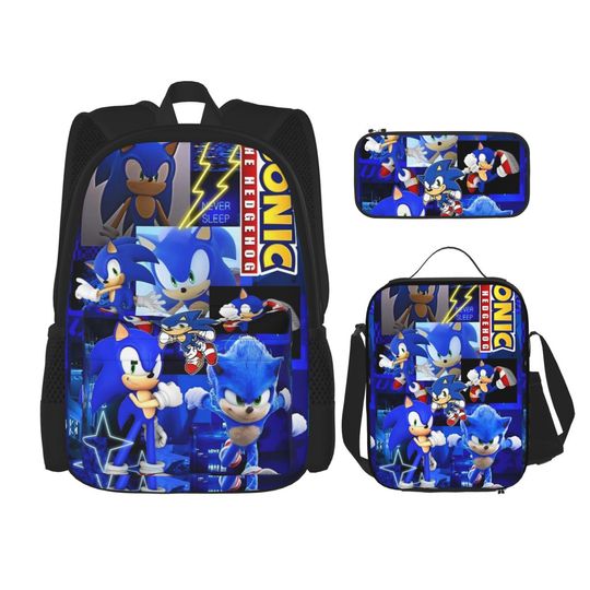 Soniced 3-Piece Backpack Set for Teens, Cartoon Laptop Bag, Lunch Box, Pencil Case