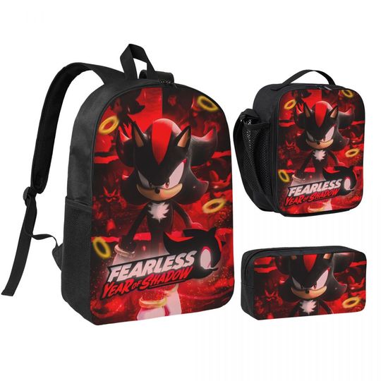 Sonic Cartoon Anime 3-Piece Backpack Set for Students with Laptop, Lunch Bag, and Pencil Case
