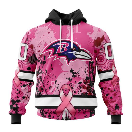 football Baltimore Ravenss Custom Name Number Pink Breast Cancer Pullover Hoodie