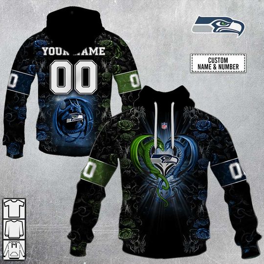 football Seattle Seahawkss Custom Name Number Rose Dragon Pullover Hoodie