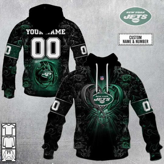 Discover football New York Jets Custom Name Number Rose Dragon Pullover Hoodie