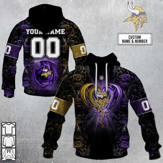 Discover football Minnesota Vikings Custom Name Number Rose Dragon Pullover Hoodie