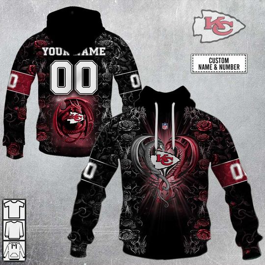 Discover football Kansas City Chiefs Custom Name Number Rose Dragon Pullover Hoodie