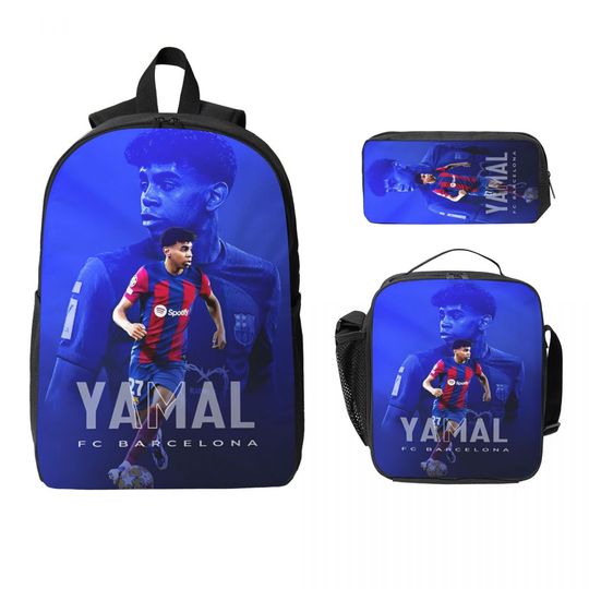 3Pcs Lamine Yamal Theme Backpack Set for Kids Football Star Pen Bags Bookbag Sets with Lunch Box For School Students Daypack