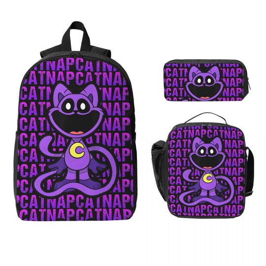 3Pcs CatNaps Backpack Set for Boys and Girls with Cat and Dog Pen Cases, Bookbag, and Lunch Box