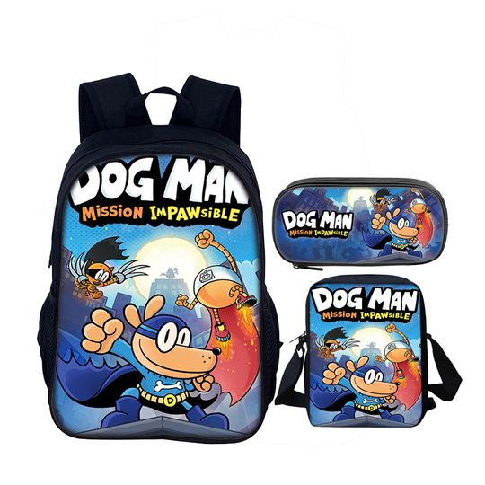 Dogman Cartoon 3-Piece School Backpack Set for Kids with Shoulder Bag and Pencil Case