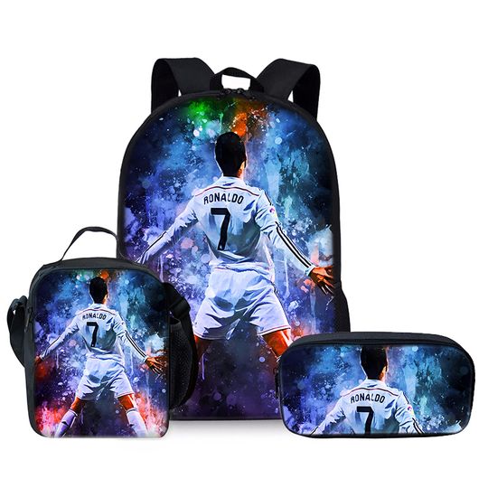 CR7 Football Player Three-Piece Backpack Set for Boys and Girls 3D Cartoon School Bags for Children