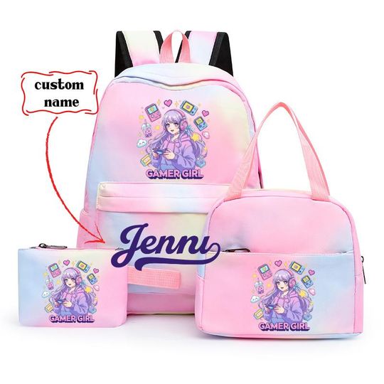 Discover Custom Name Gamer Girl Backpack Set, Pastel Anime School Bag, Lunch Bag, Pencil Case, play
