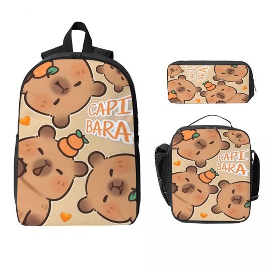 3Pcs Funny Capybara Kawaii School bags Set for Kids Pencil Boxes Backpack Sets with Lunch Box For School Students Knapsack