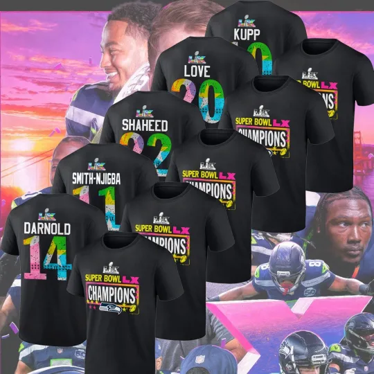 Discover Seattle Seahawks Benito Bowl 2025 Champs Double Sided T-Shirt with Player Name & Number