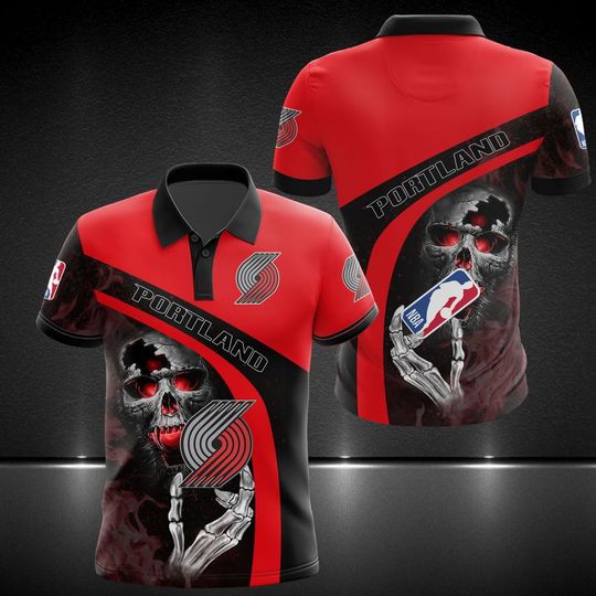 Discover Portland Traill Blazerss Red Black Fire Skull Polo Shirt