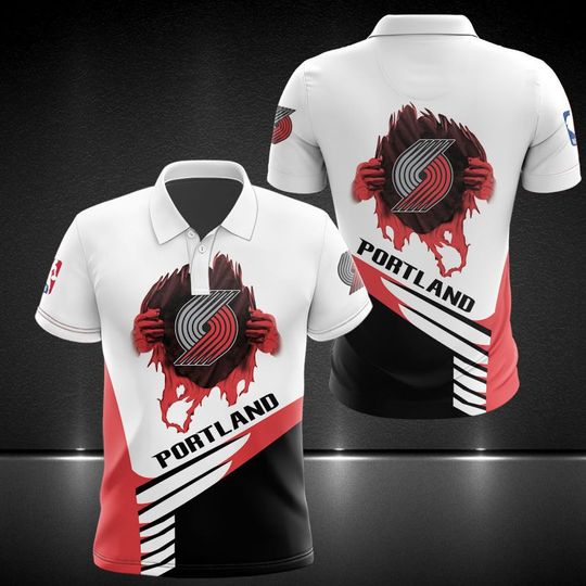 Discover Portland Trail Blazerss White Red Pulling Hand Polo Shirt