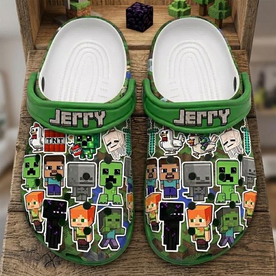 Discover Mining Personalized Name Clogs for Kids Custom Cartoon Game Clog Shoes Cute Creeper Steve Alex Slip On Sandals Gift for Boys Girls