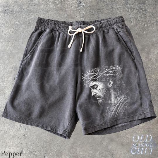 Jesus Portrait Y2k Sweat Shorts, Retro Crown of Thorns Washed Sport Shorts, Grunge Dyed Pants, Faith Gifts