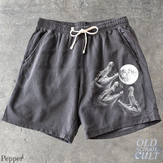 Discover Crocodile Moon Y2k Sweat Shorts, Retro Washed Sport Shorts, Grunge Dyed Pants, Gothic Gym Pump Cover