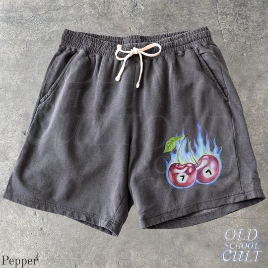 Cherry 7 Ball Y2k Sweat Shorts, Retro Washed Sport Shorts, Grunge Dyed Lucky Pants, Gothic Gym Pump Cover