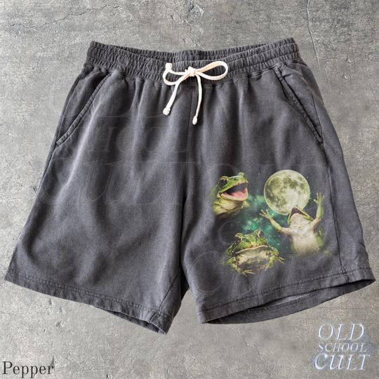 Frog Moon Y2k Sweat Shorts, Retro Washed Sport Shorts, Grunge Dyed Pants, Gothic Gym Pump Cover