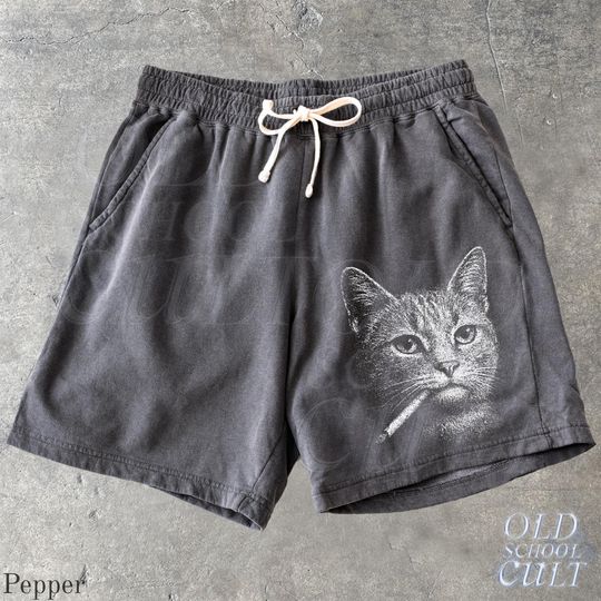 Smoking Cat Y2k Sweat Shorts, Retro Kitten Washed Sport Shorts, Grunge Dyed Pants, Gothic Gym Pump Cover