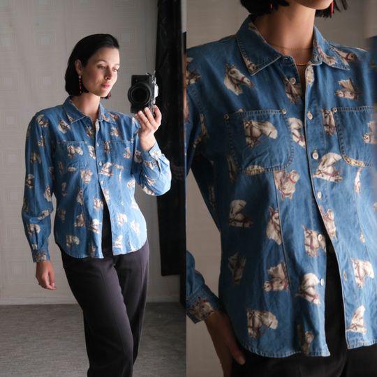Discover Vintage 90s Liz Claiborne Denim Horse Bust Patterned Long Sleeve Button Up Shirt | Western, Bohemian | 1990s Designer Womens Jean Shirt