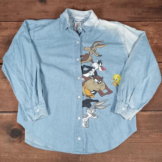 Jerry Leigh Denim Shirt Women Size M LooneyTunes Characters Graphic Long Sleeve