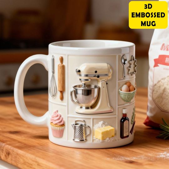 Personalized Baker Mug, Sweet Baking 3D Embossed Cup, Kitchen Gift
