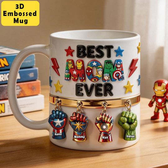 Superhero Mom 3D Embossed Mug, Personalized Gift for Mom, Custom Hero Coffee Cup