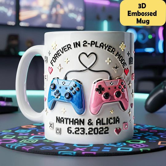 Game Controller Couple 3D Embossed Mug, Personalized Coffee Cup Gamer Love Gift
