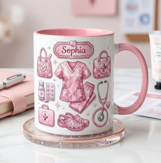 Custom Nurse Life Mug, Crystal Style Medical Icons Coffee Cup, Gift For Nurses, Personalized Nurse & Physician Accent Mug