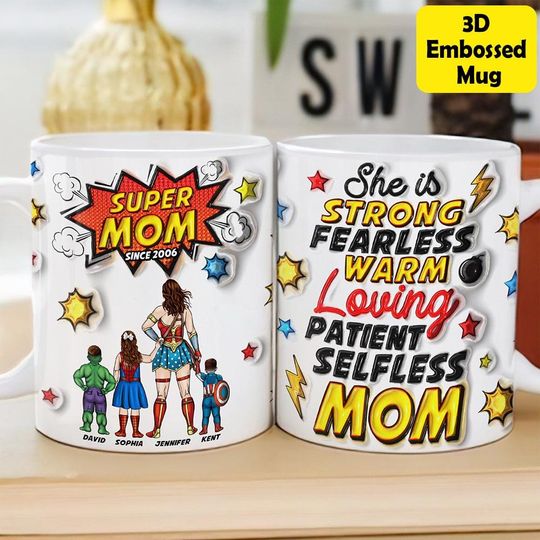 Personalized Super Mom 3D Embossed Mug, Custom Mothers Day Coffee Cup