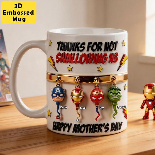 Personalized Superhero Mom 3D Embossed Mug, Mothers Day Gift, Custom Kids Names Coffee Cup