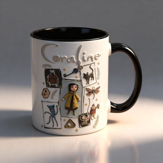 3D Embossed Coraline Mug, Stop Motion Dark Fantasy Coffee Cup