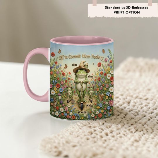 Personalized Mom Foolery Frog Mug, Custom Kids Names Mother's Day Gift, 3D Embossed Garden Flower Coffee Cup, Red Handle Cute Toad Mommy Mug