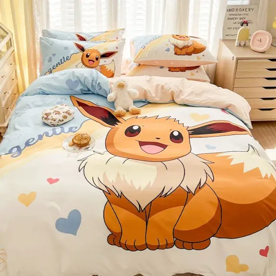 PKM Eevee Anime Bedding Set for Bedroom Decor