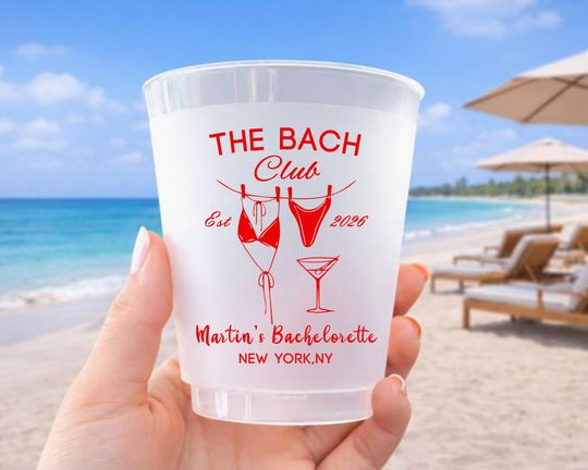 Personalized Bachelorette Cups, Custom Frosted Plastic Stadium Cups for Beach Bach Weekend, Pool Party
