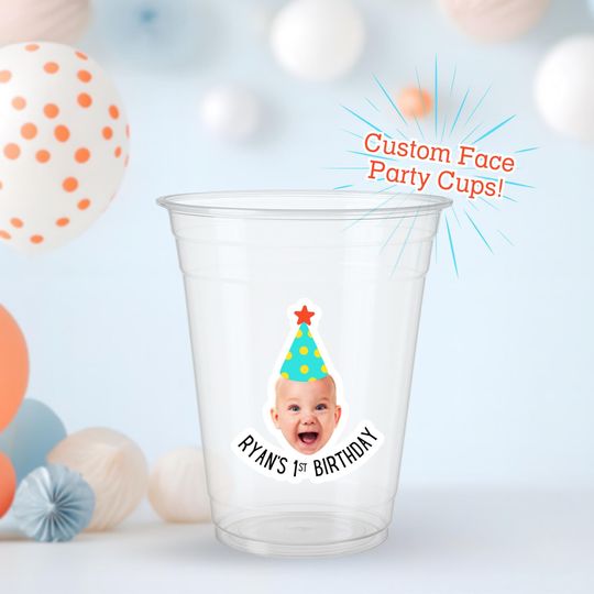 Custom Face Party Cups with Hat and Personalized Message Perfect for Birthdays, Weddings