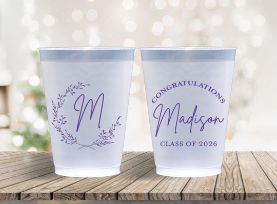 Personalized Frosted Cups Graduation Party Wreath Grad Cap Custom Cups Monogram Cups