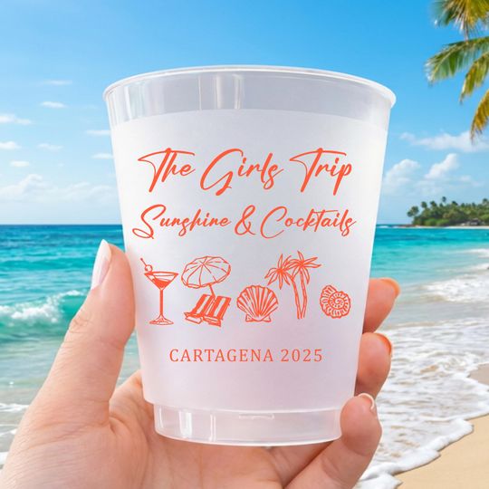 Personalized Frosted Cups for Girls Trip, Custom Beach Vacation Party Cups, Tropical Bachelorette Drinkware