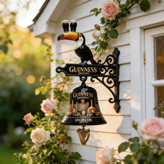 Discover Vintage Guinness Toucan Wall Mounted Bell, Iconic Irish Pub Doorbell Decor, Guinness Brewery Dublin Hanging Ornament for Home & Garden