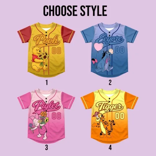 Discover Personalized Winnie The Pooh Characters Baseball Jersey Shirt for Birthday Gift