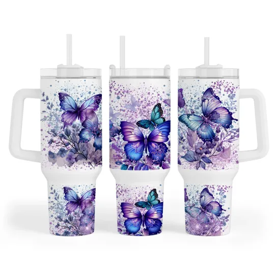 Discover 40 oz Insulated Stainless Steel Tumbler with Handle - Purple Butterflies