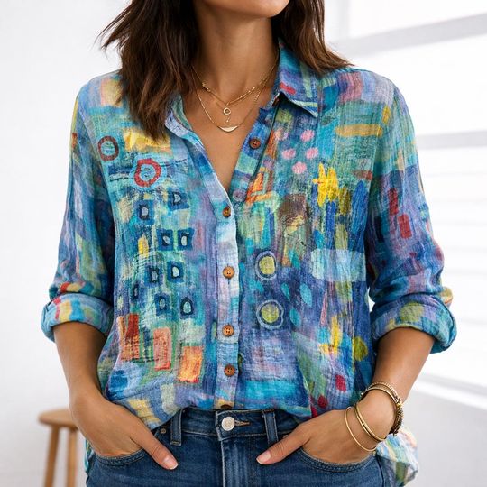 Discover Blue Abstract Painted Boho Blouse, Watercolor Geometric Art Top, Artsy Eclectic Pattern Collar Shirt