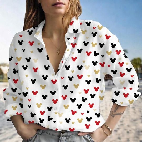 Discover Mickey Mouse Linen Look Blouse Women's Disney Button Up Shirt Casual Gift