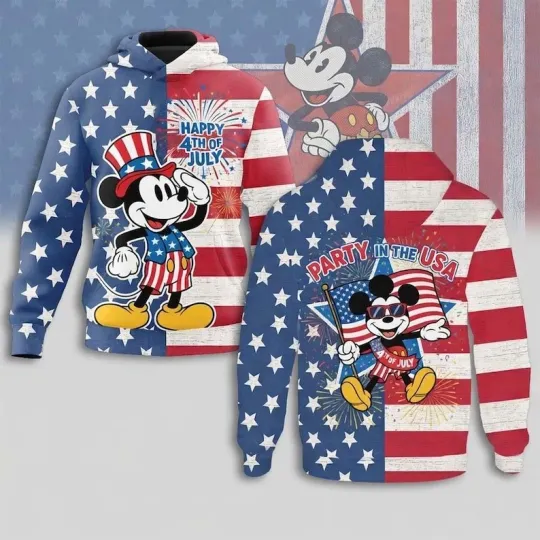 Discover Funny Mickey USA Flag Party In The USA Happy 4th Of July Hoodie 3D Printed