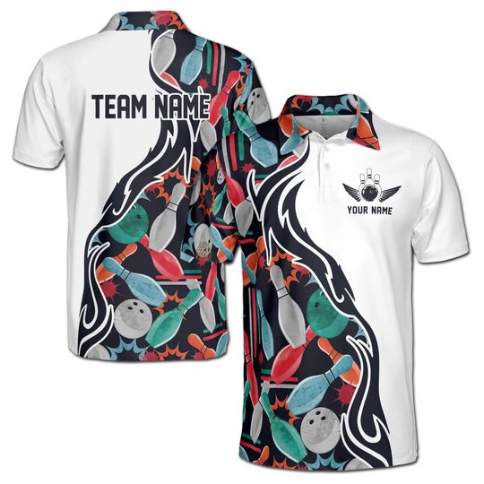 Discover Customize Name Bowling Ball Pin Wings Colorful Pattern White 3D Men's Polo Shirt