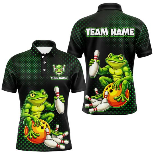 Discover Personalized Bowling Polo Shirt, Custom Frog Bowling Team Jersey, Funny Green Frog Bowling Shirt, Team Name Polo Gift for Men Women