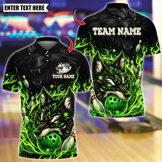 Discover Custom Bowling Team Polo Shirt, Flaming Bowling Pins and Angry Wolf Design, Personalized Bowling Jersey for Men, Name Team 3D Shirt