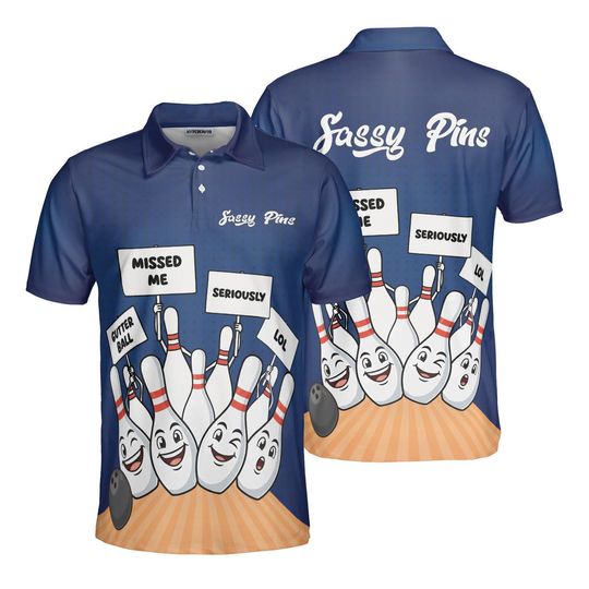Discover Sassy Pins Bowling Polo Shirt, Funny Bowling Team Jersey, Cartoon Bowling Pins Shirt, League Bowler Gift, Strike Humor Polo