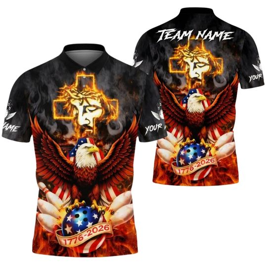 Discover Personalized Eagle Bowling Polo Shirt, Christian Patriotic Team Jersey, Custom 1776 2026 USA Bowling Shirt for Men Women Unisex Gift