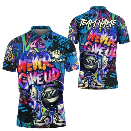 Discover Custom Bowling Polo Shirt Personalized Team Name Jersey, Graffiti Never Give Up Cartoon Bowling Uniform for League Bowling Teams